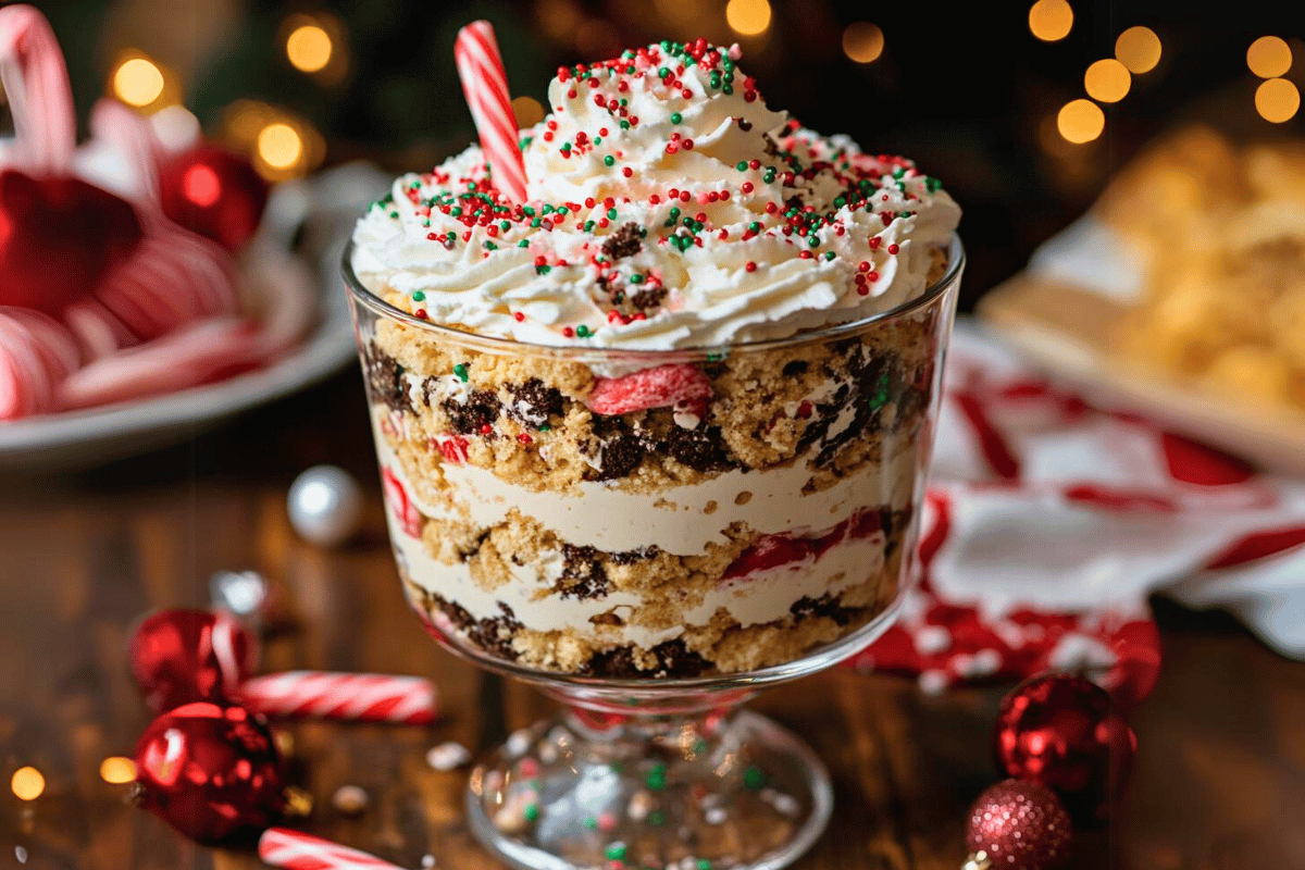 Christmas Cookie Lasagna with layers of graham cracker crust, cream cheese, pudding, and whipped topping, topped with festive sprinkles and cookies.