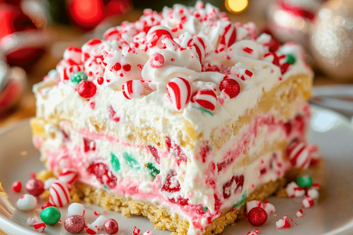 No-Bake Christmas Candy Lasagna with layers of peppermint cheesecake, pudding, whipped topping, and festive holiday sprinkles and candy decorations.