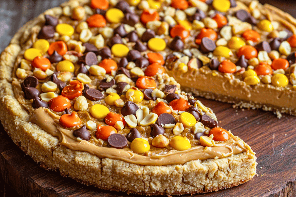 Peanut Butter Pizza Dessert with a sugar cookie crust, creamy peanut butter topping, chocolate chips, marshmallows, and drizzled caramel.