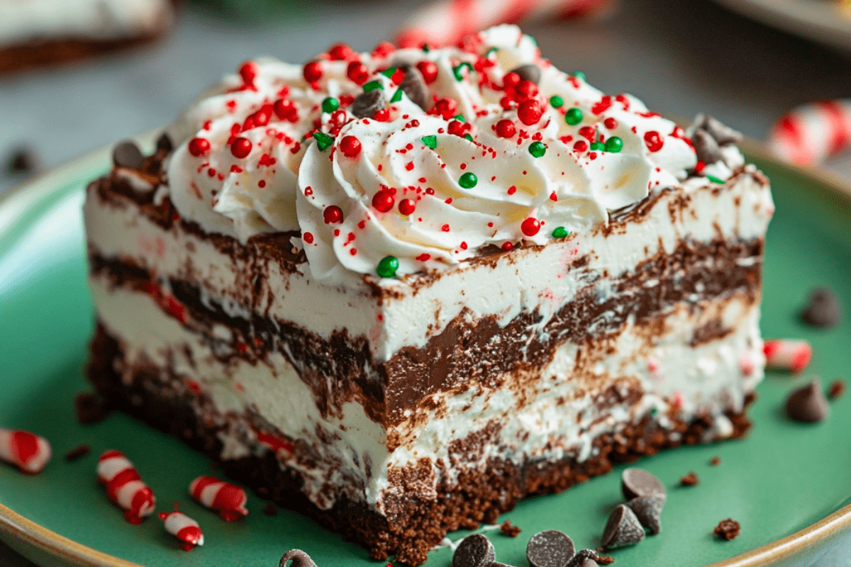 A festive slice of Chocolate Christmas Cookie Lasagna topped with crushed candy canes, sprinkles, and mini chocolate chips, served on a holiday plate.