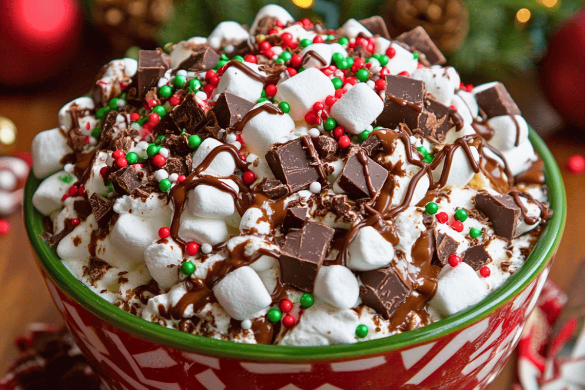 A creamy bowl of Chocolate Christmas Tree Cake Fluff topped with chopped cakes, marshmallows, chocolate chips, and festive sprinkles.