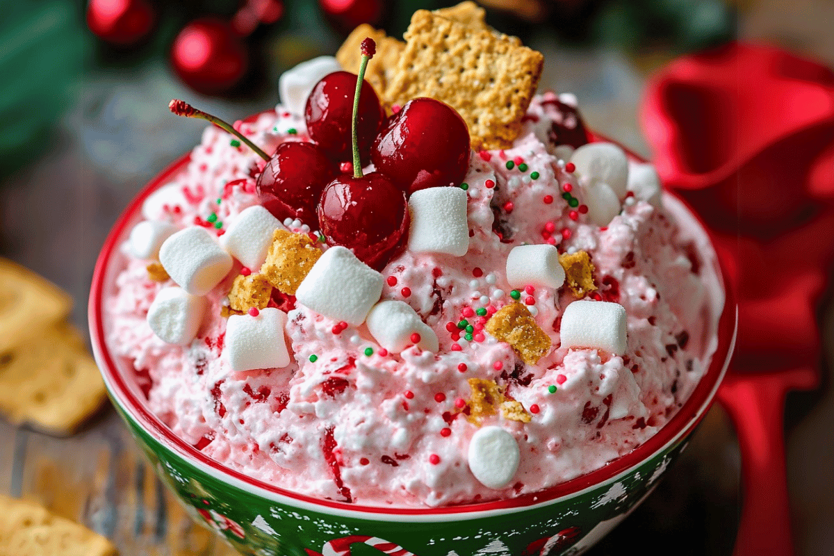 A festive bowl of Christmas Cherry Cheesecake Fluff topped with whole cherries, graham cracker crumbs, and holiday sprinkles.