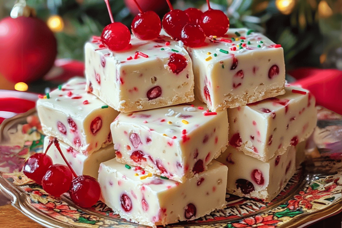 A festive square of Christmas Cherry Fudge garnished with whole cherries, holiday sprinkles, and a drizzle of white chocolate.