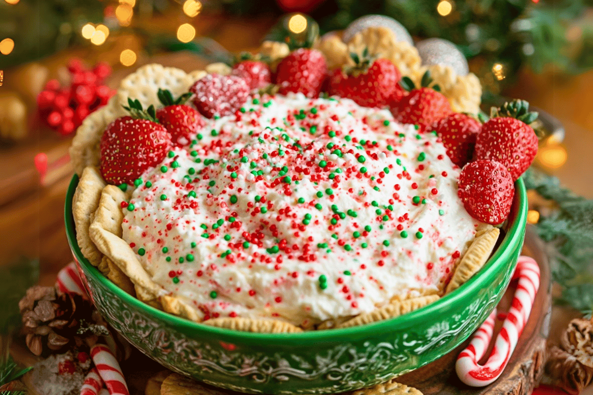 A bowl of Christmas Dip garnished with red and green sprinkles, crushed candy canes, and mini marshmallows, surrounded by cookies and fruit.