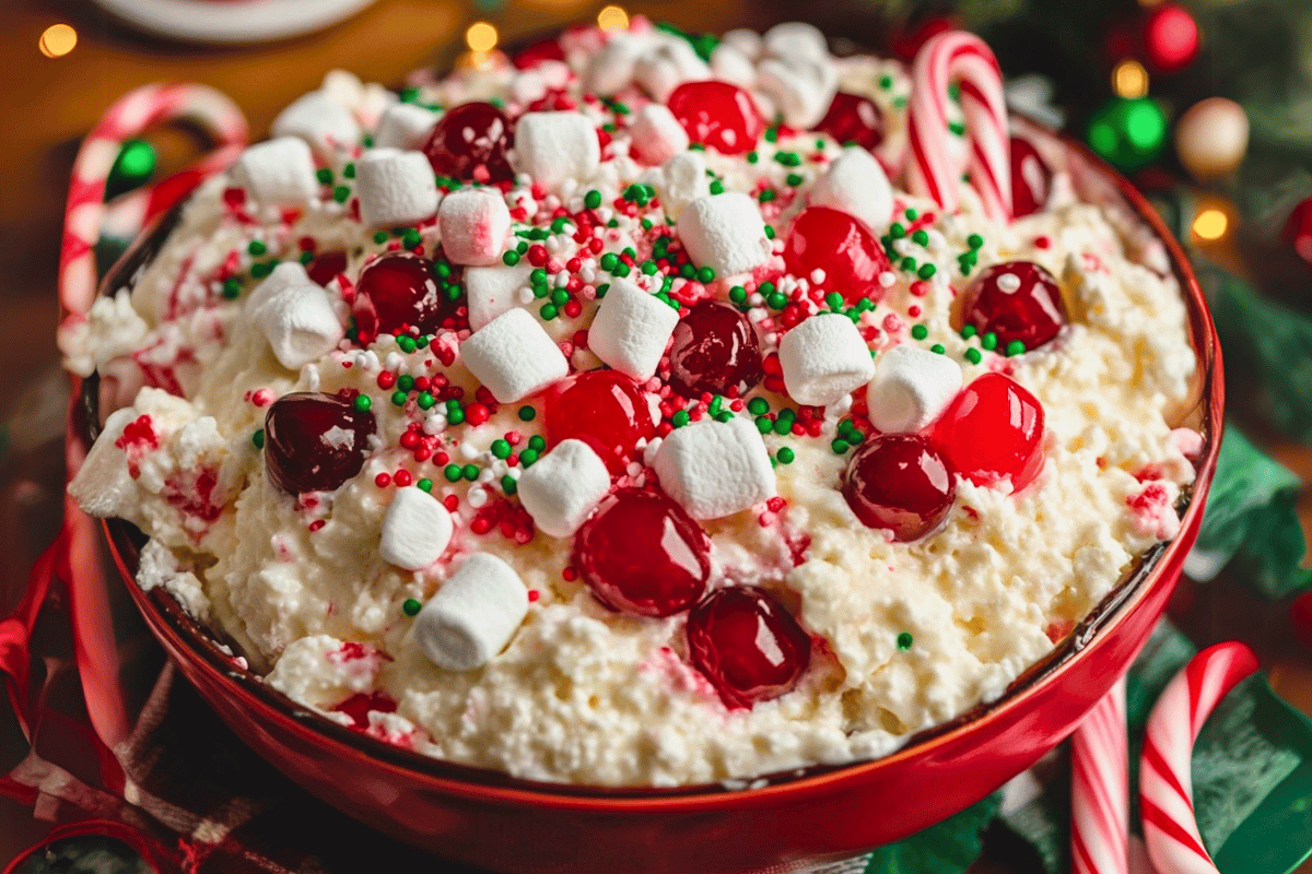 A festive bowl of Christmas Fluff topped with red and green sprinkles, candy canes, and cherries, perfect for holiday gatherings.