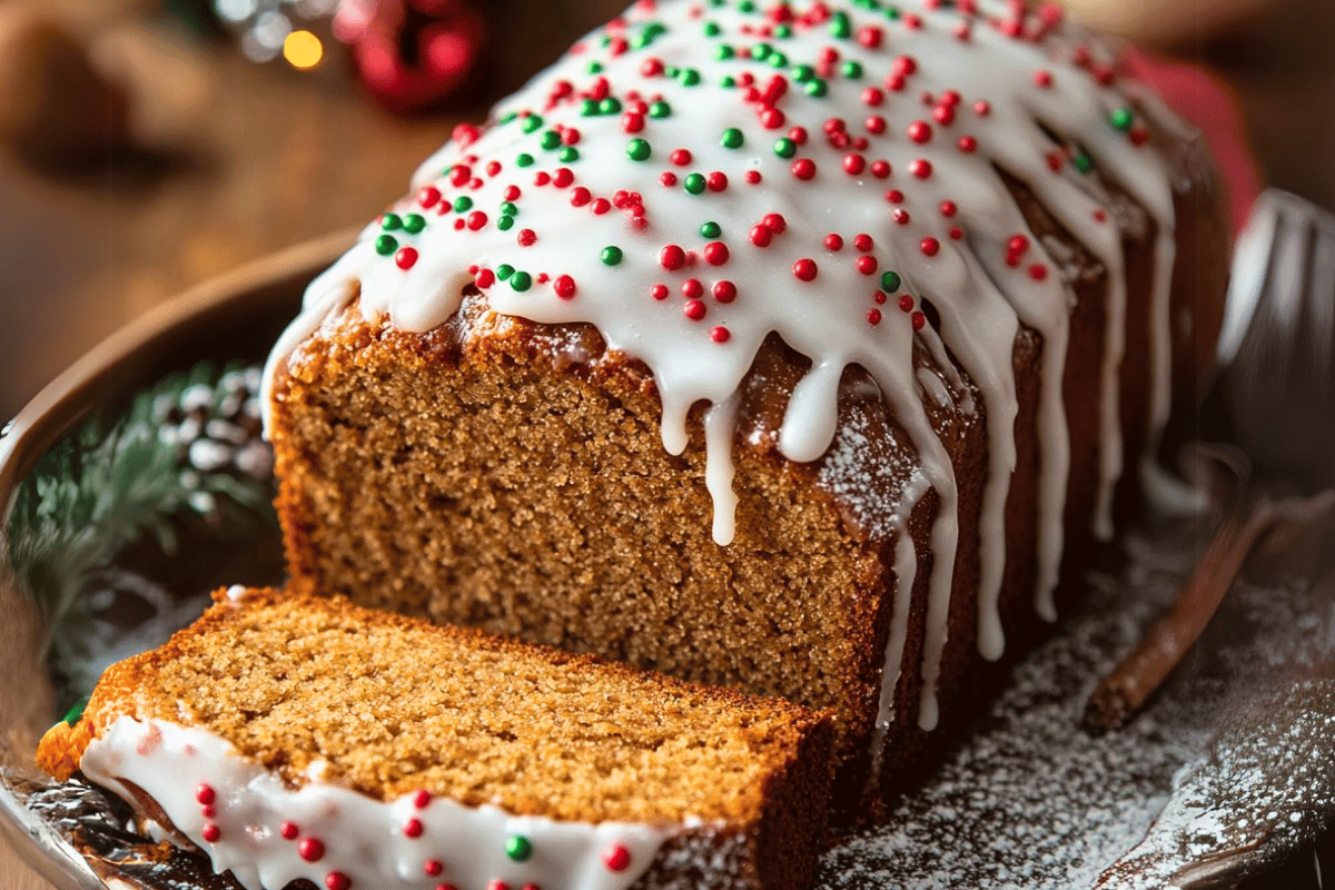 A festive Christmas Gingerbread Loaf drizzled with glaze, garnished with sprinkles and powdered sugar, served on a holiday-themed plate.