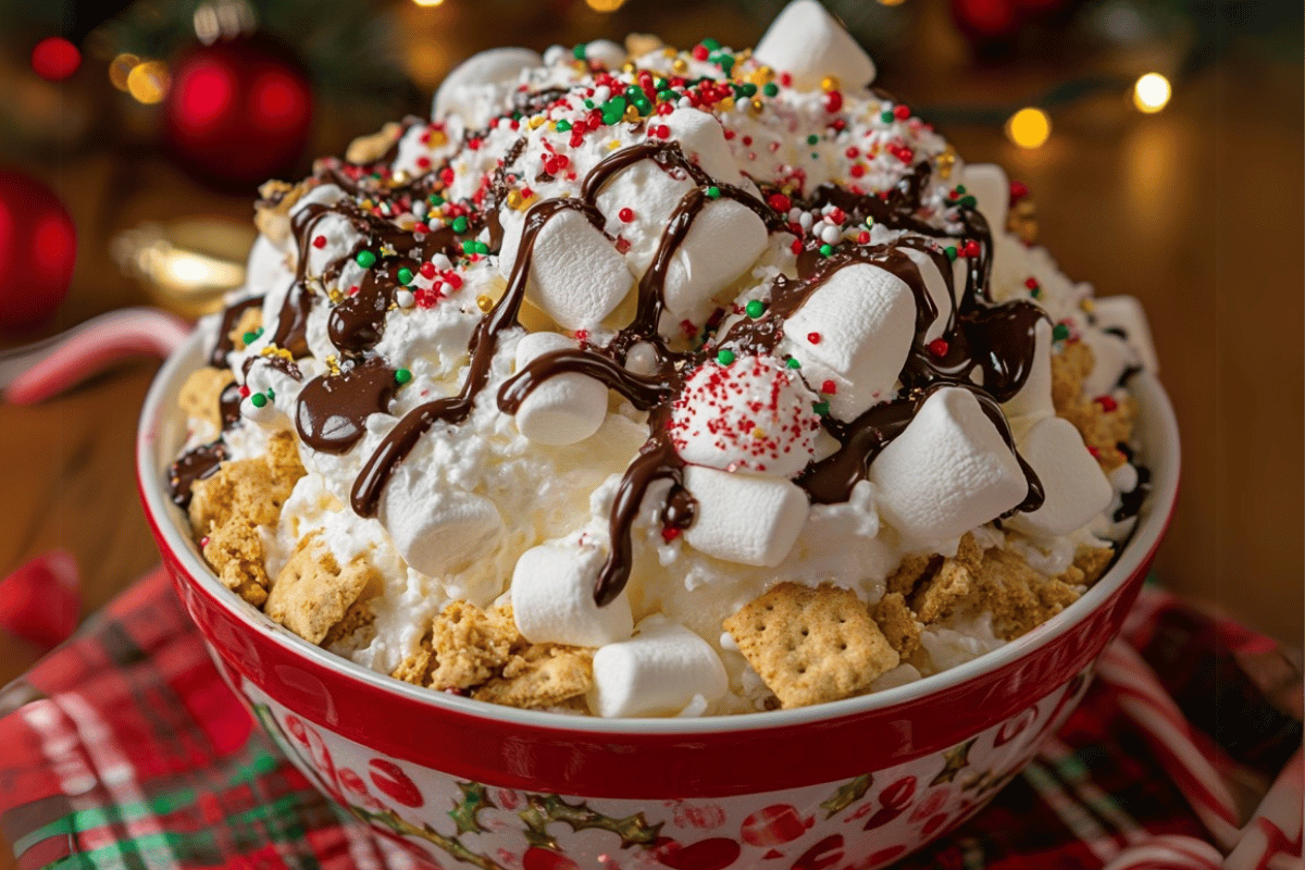 A bowl of Christmas S’mores Fluff topped with mini marshmallows, crushed graham crackers, chocolate drizzle, and holiday sprinkles.