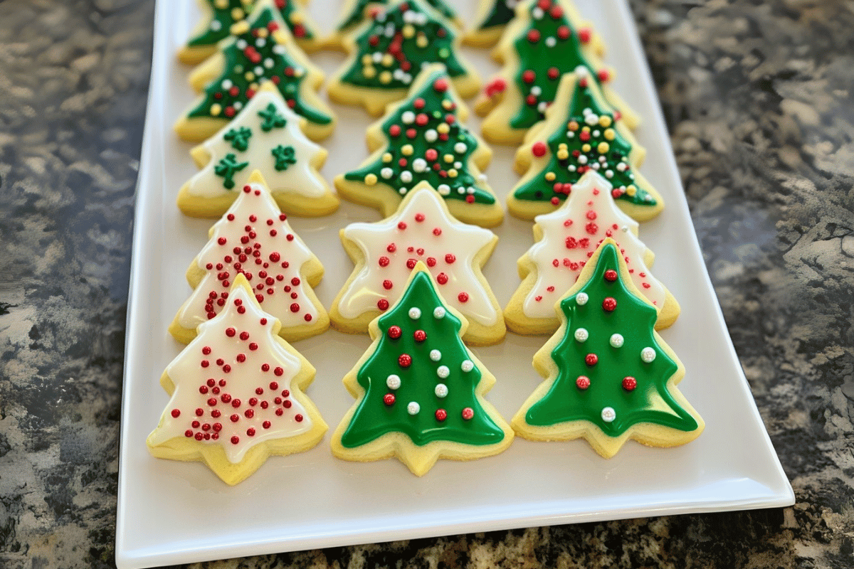 Christmas Sugar Cookies in holiday shapes, decorated with colorful royal icing, sprinkles, and edible glitter for a festive celebration.