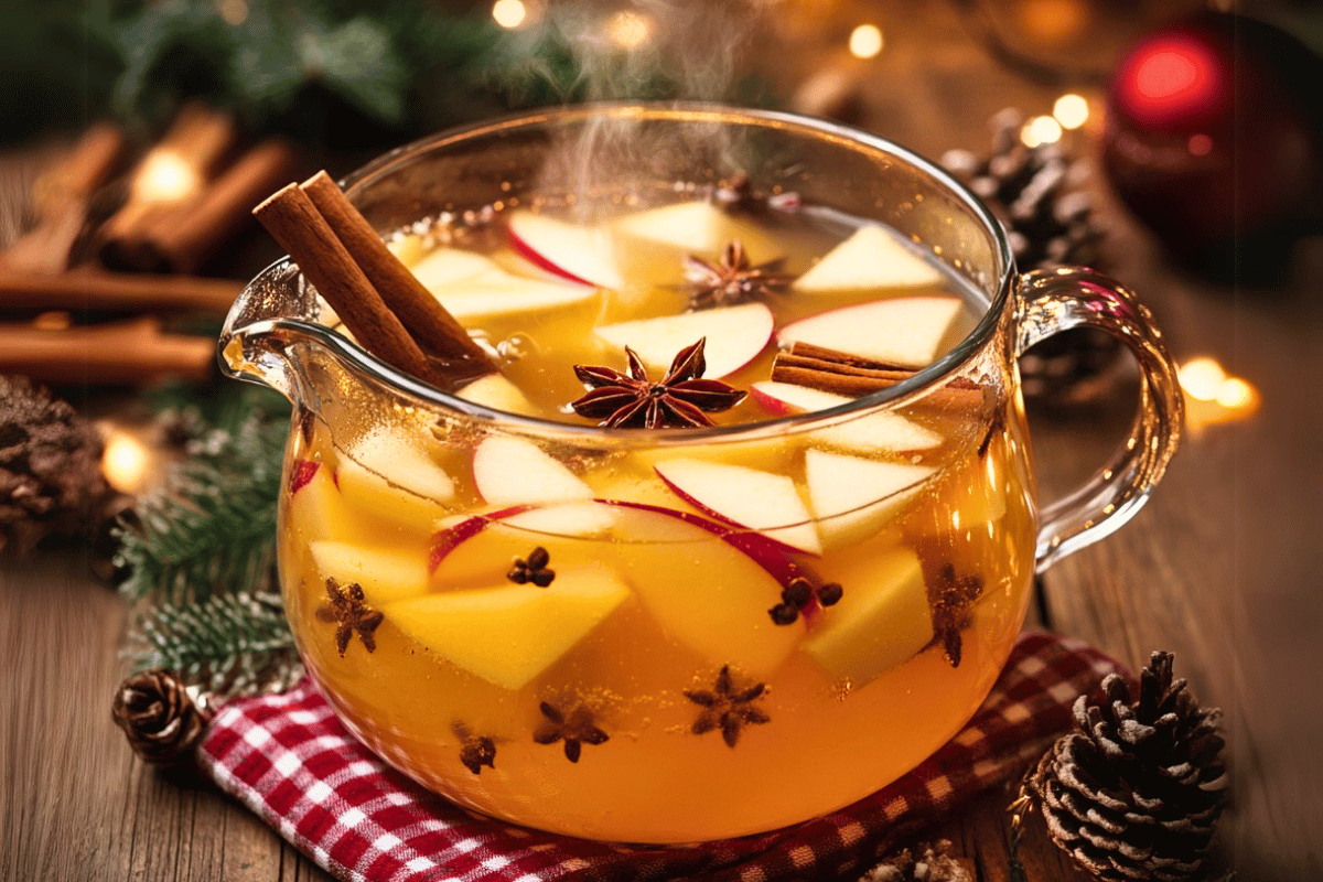A steaming mug of Christmas Wassail garnished with fresh apple slices, orange rounds, and a star anise pod, surrounded by holiday decor.