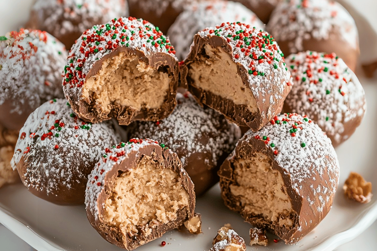 A tray of Cream Cheese Chocolate Truffles topped with festive sprinkles and powdered sugar, perfect for holiday gifting and celebrations.