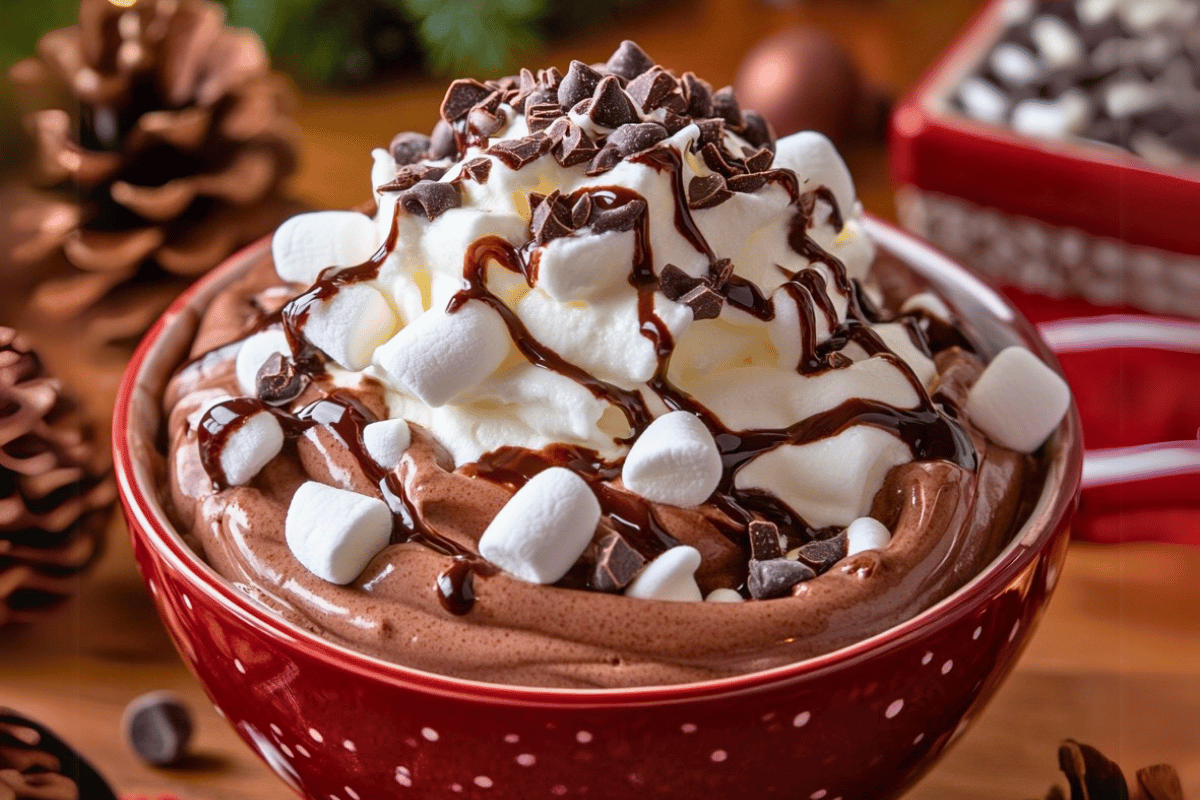 A creamy bowl of Frozen Hot Chocolate Fluff topped with mini marshmallows, whipped cream, and chocolate drizzle, served in festive cups.
