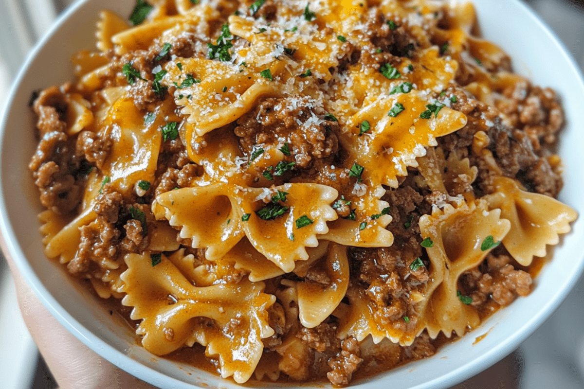 Cheesy Beef Bowtie Pasta in Garlic Butter | Rich, Flavorful & Comforting
