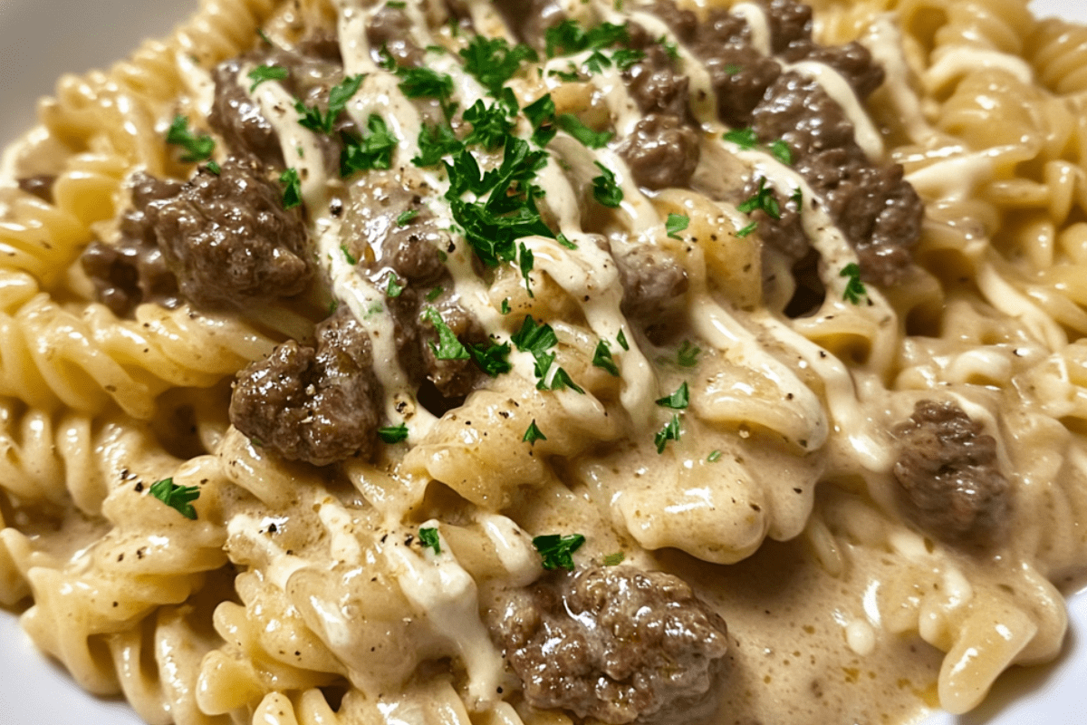 Beef and Rotini in Garlic Parmesan Sauce Recipe | Savory & Delicious