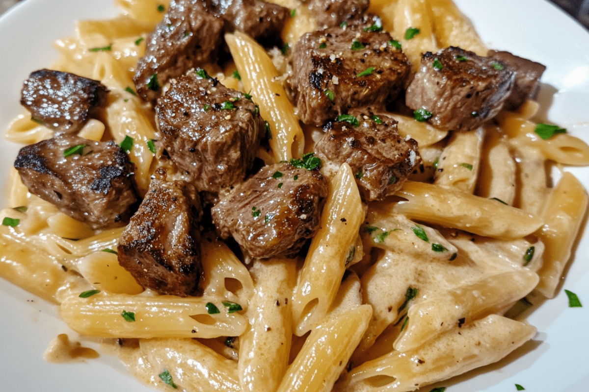 Steak Bites and Penne in Garlic Parmesan Velvety Sauce | Rich & Savory