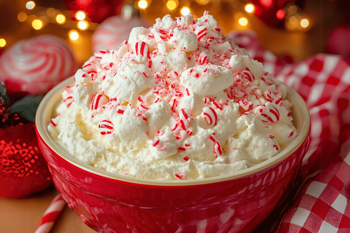 A bowl of Marshmallow Candy Cane Fluff topped with crushed candy canes, holiday sprinkles, and mini marshmallows, served with festive garnishes.