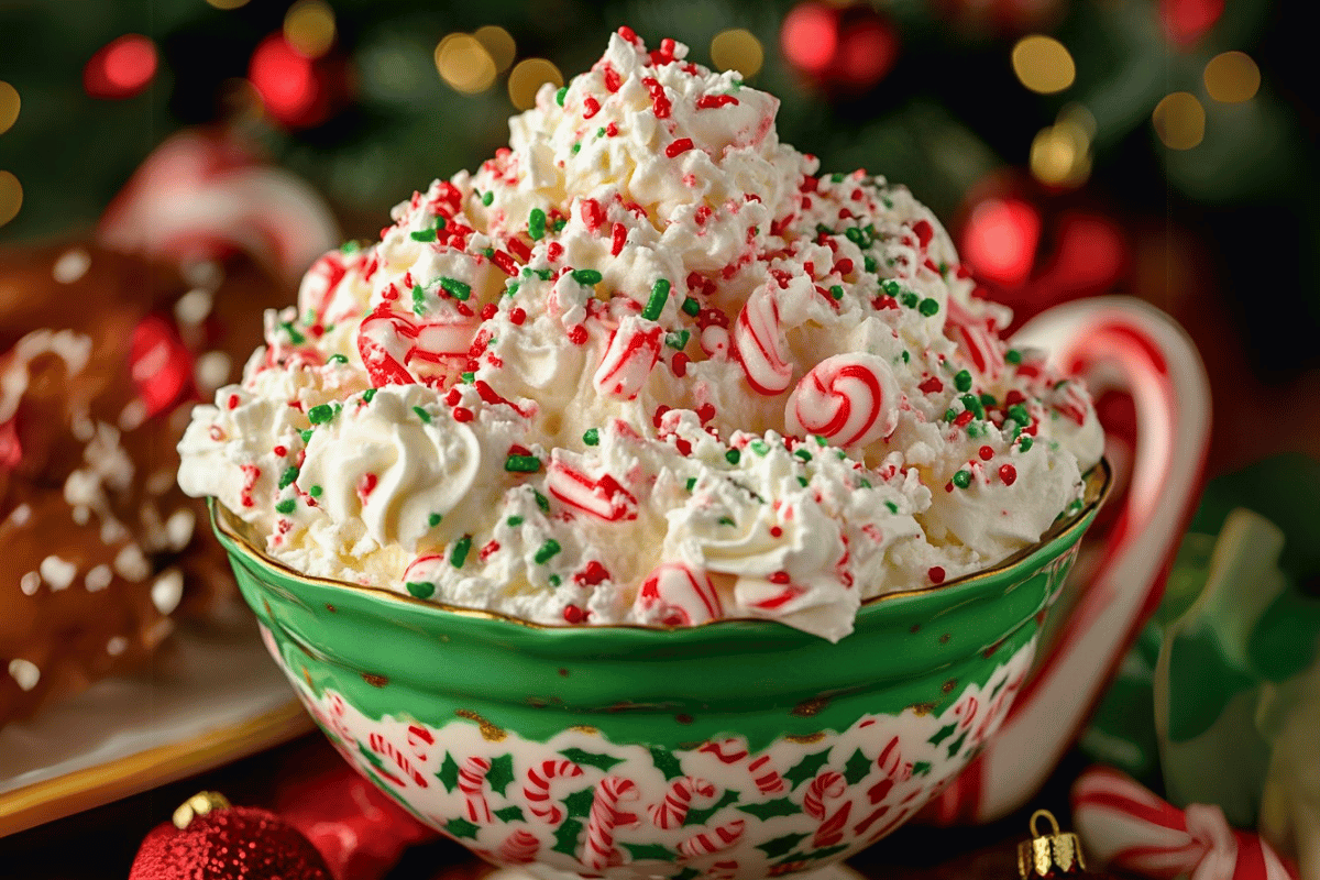 A festive bowl of Peppermint Christmas Tree Cake Fluff topped with crushed candy canes, red and green sprinkles, and whipped cream.