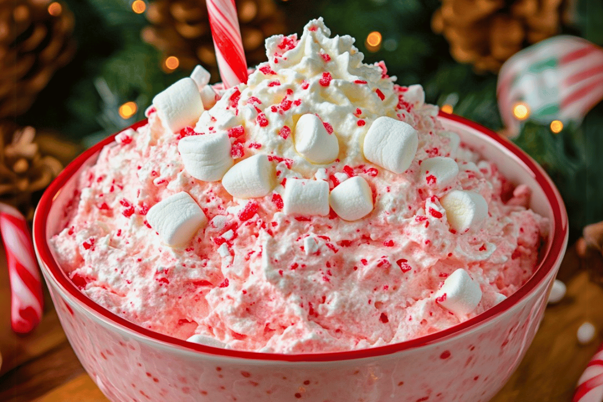A festive bowl of Santa’s Favorite Peppermint Fluff garnished with crushed candy canes, whipped cream, and mini candy canes, served in a holiday setting.