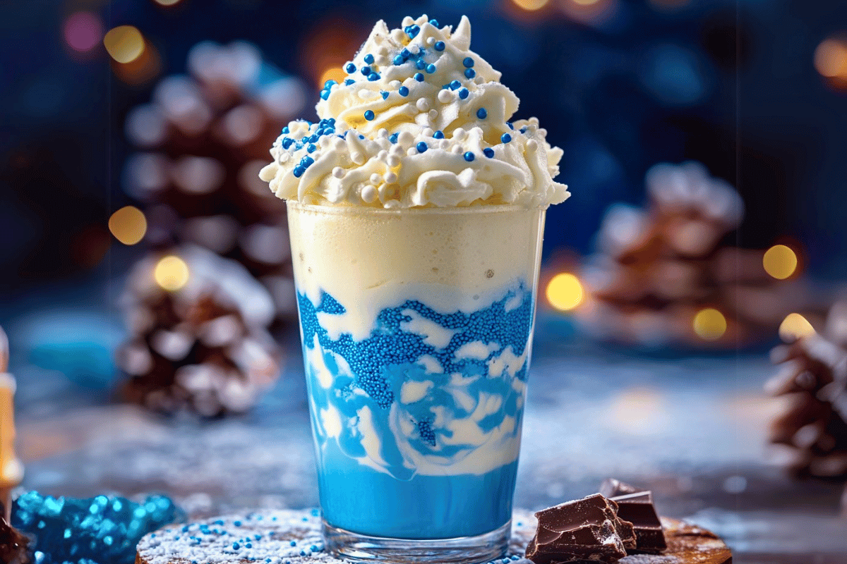 Winter Wonderland Frappuccino in a glass, topped with whipped cream, blue and white sprinkles, and white chocolate shavings, perfect for the holidays.