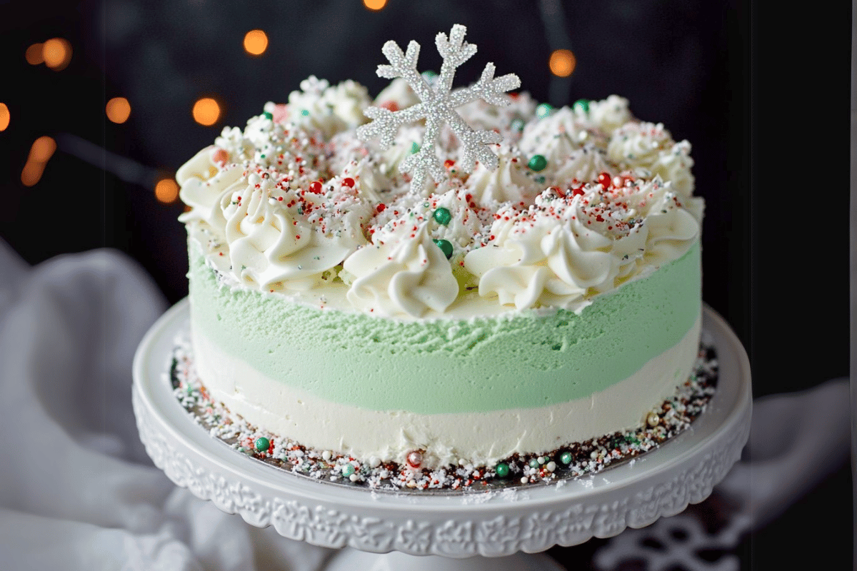 A Winter Wonderland Ice Cream Cake with creamy layers, cookie crust, and festive toppings like sugar sprinkles, edible glitter, and candy snowflakes.