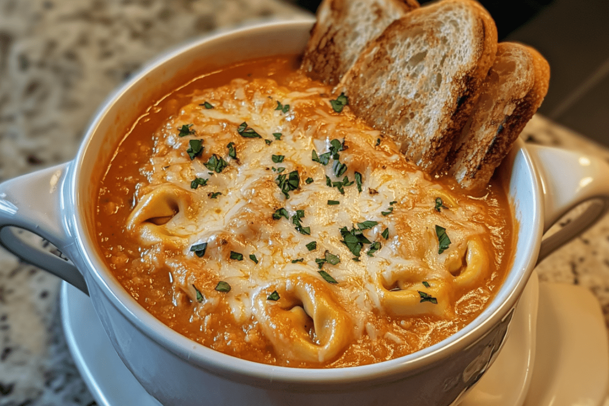 Slow Cooker Tomato Tortellini Soup with Cheddar & Toast Bites