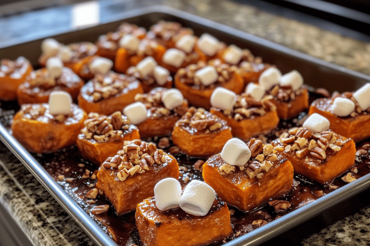 Caramelized Sweet Potato Bites with Brown Sugar Marshmallows and Pecans | Sweet & Savory Holiday Side
