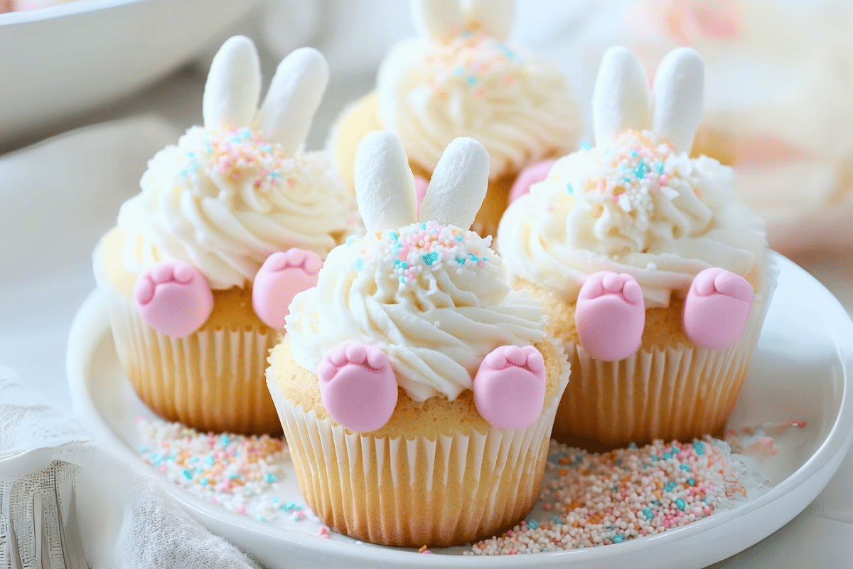 A plate of Bunny Butt Cupcakes decorated with coconut, marshmallow tails, and pink candy feet