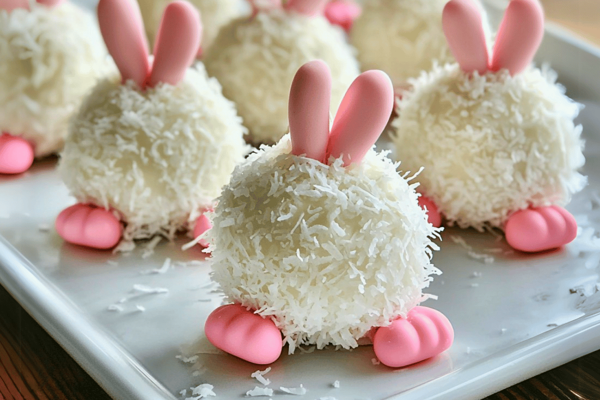 A plate of Bunny Butt Oreo Balls decorated with mini marshmallows, pink candy feet, and white chocolate
