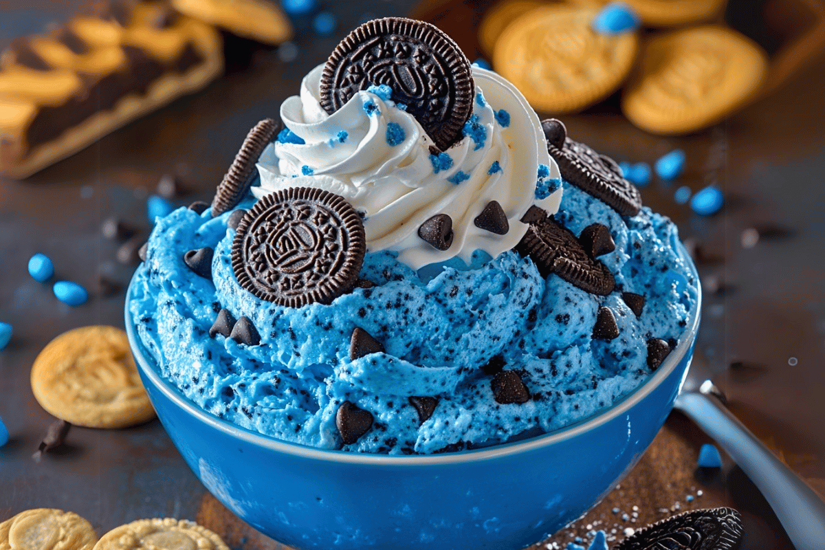 A vibrant blue bowl of Cookie Monster Fluff topped with cookies and whipped cream