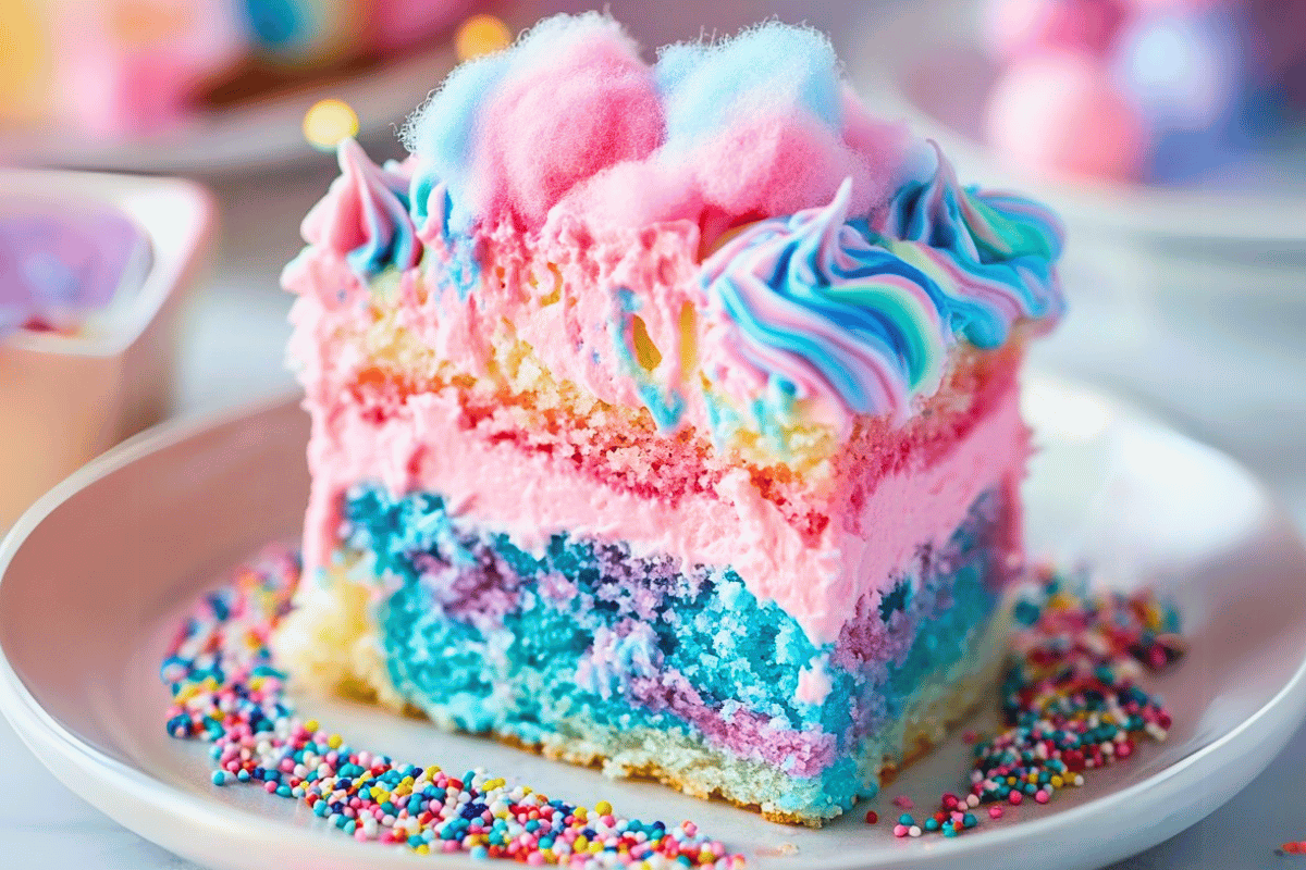 A slice of Cotton Candy Poke Cake with pastel swirls, whipped topping, and sprinkles