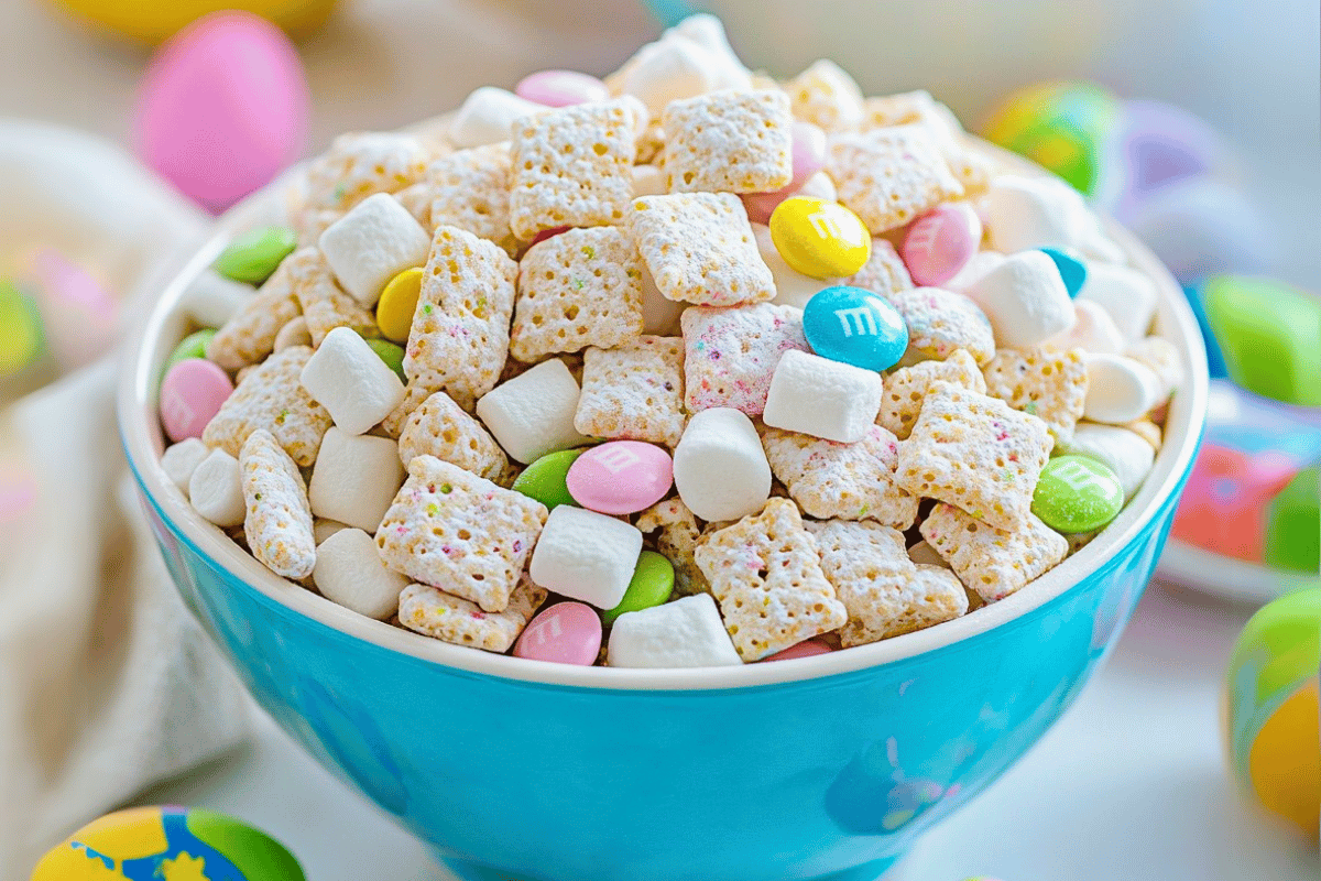 A festive bowl of Easter Muddy Buddies with pastel M&Ms, mini marshmallows, and sprinkles