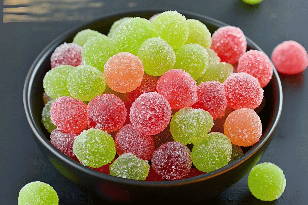 A bowl of colorful Sour Patch Grapes coated in fruity Jell-O powder