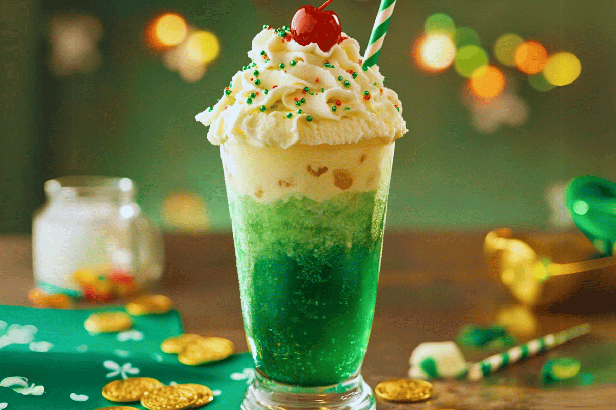 A festive glass of St. Patrick’s Day Float with whipped cream, sprinkles, and a cherry on top