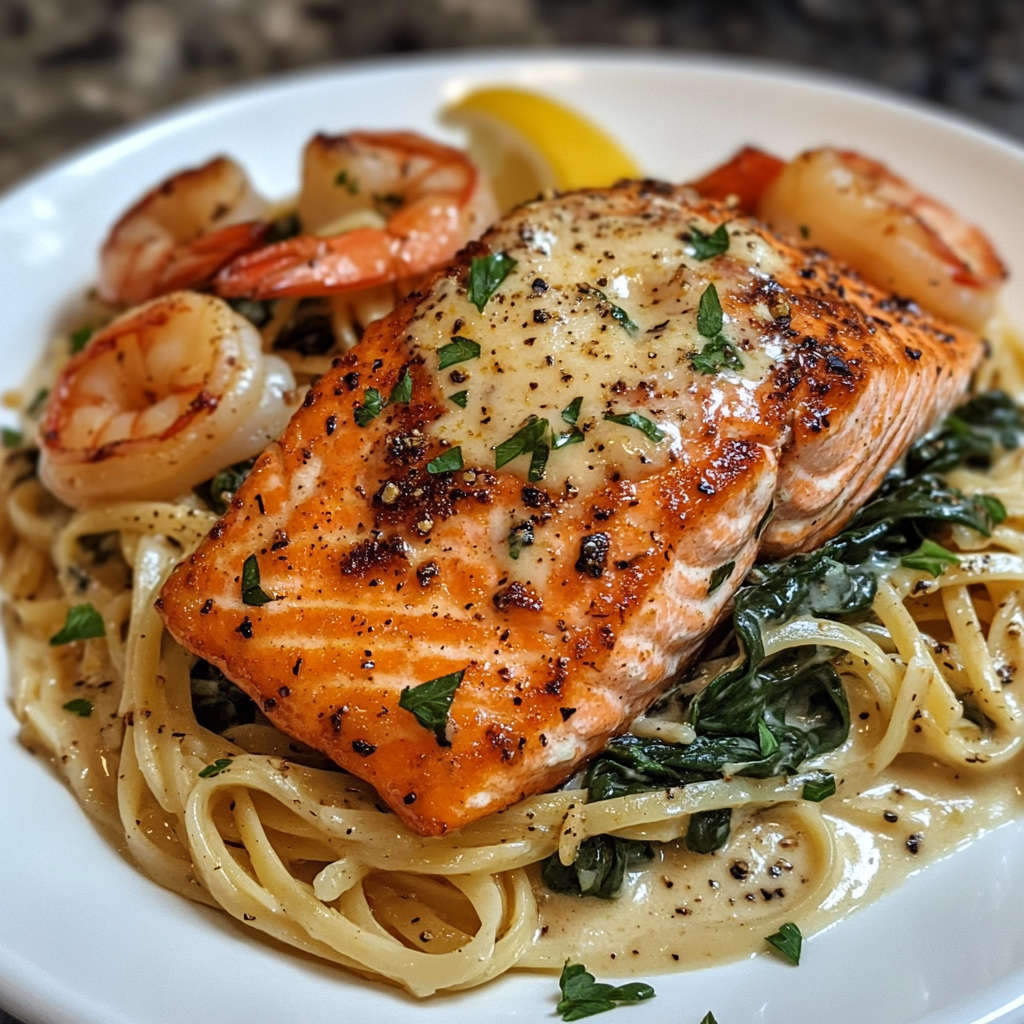 Garlic Butter Salmon & Shrimp with Creamy Spinach Linguine – A Rich & Flavorful Seafood Dish
