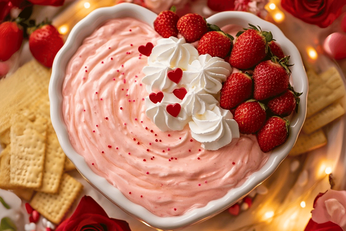 A bowl of pink Valentine’s Day Love Dip with heart-shaped sprinkles