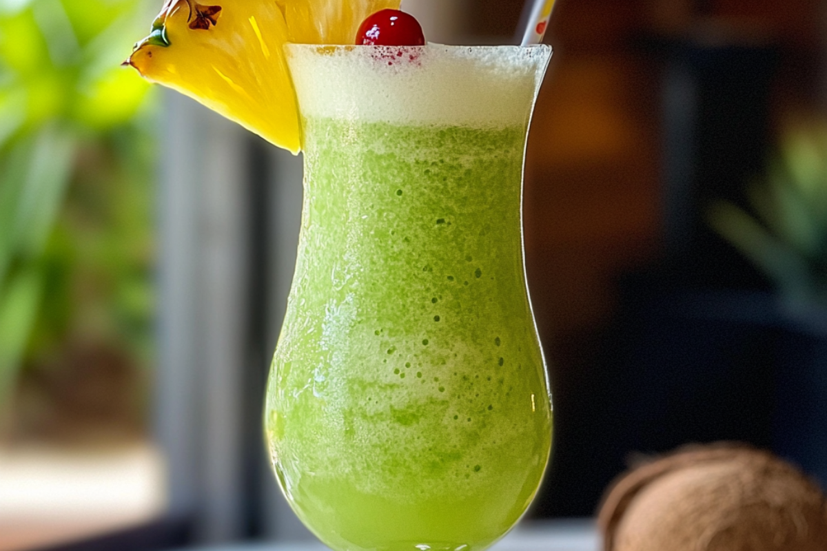Refreshing Midori Colada Cocktail with vibrant green color, served in a chilled glass with a pineapple garnish