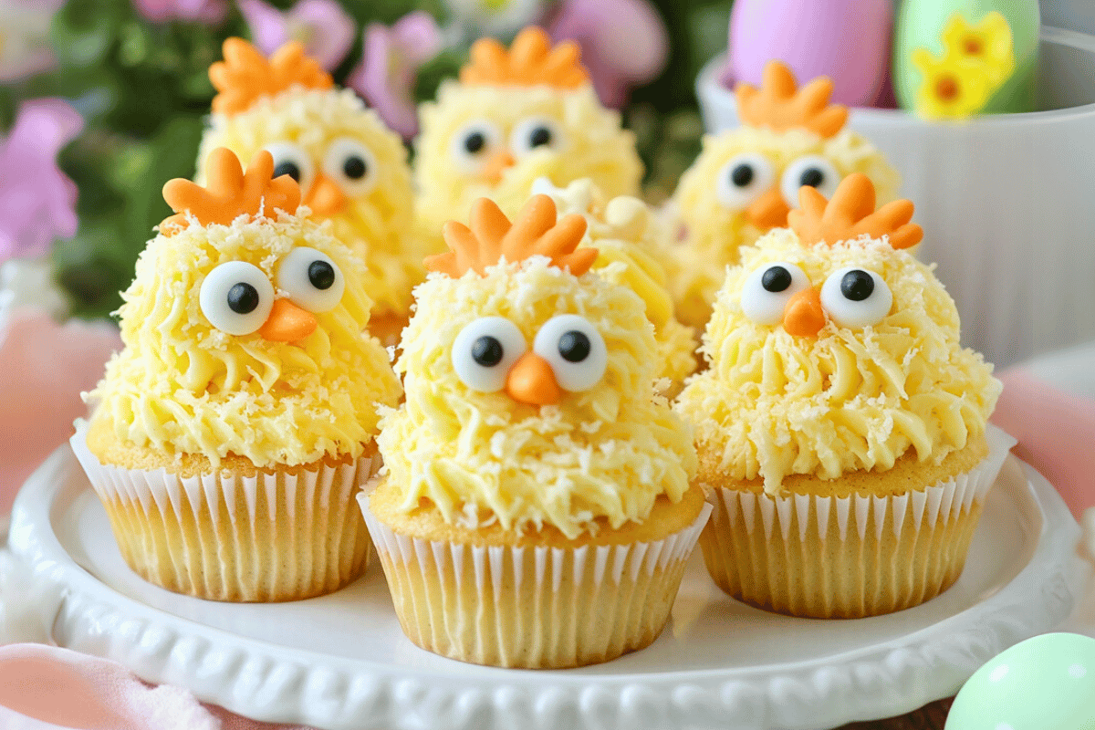 Adorable Easter Chick Cupcakes with yellow buttercream, candy eyes, and orange beaks