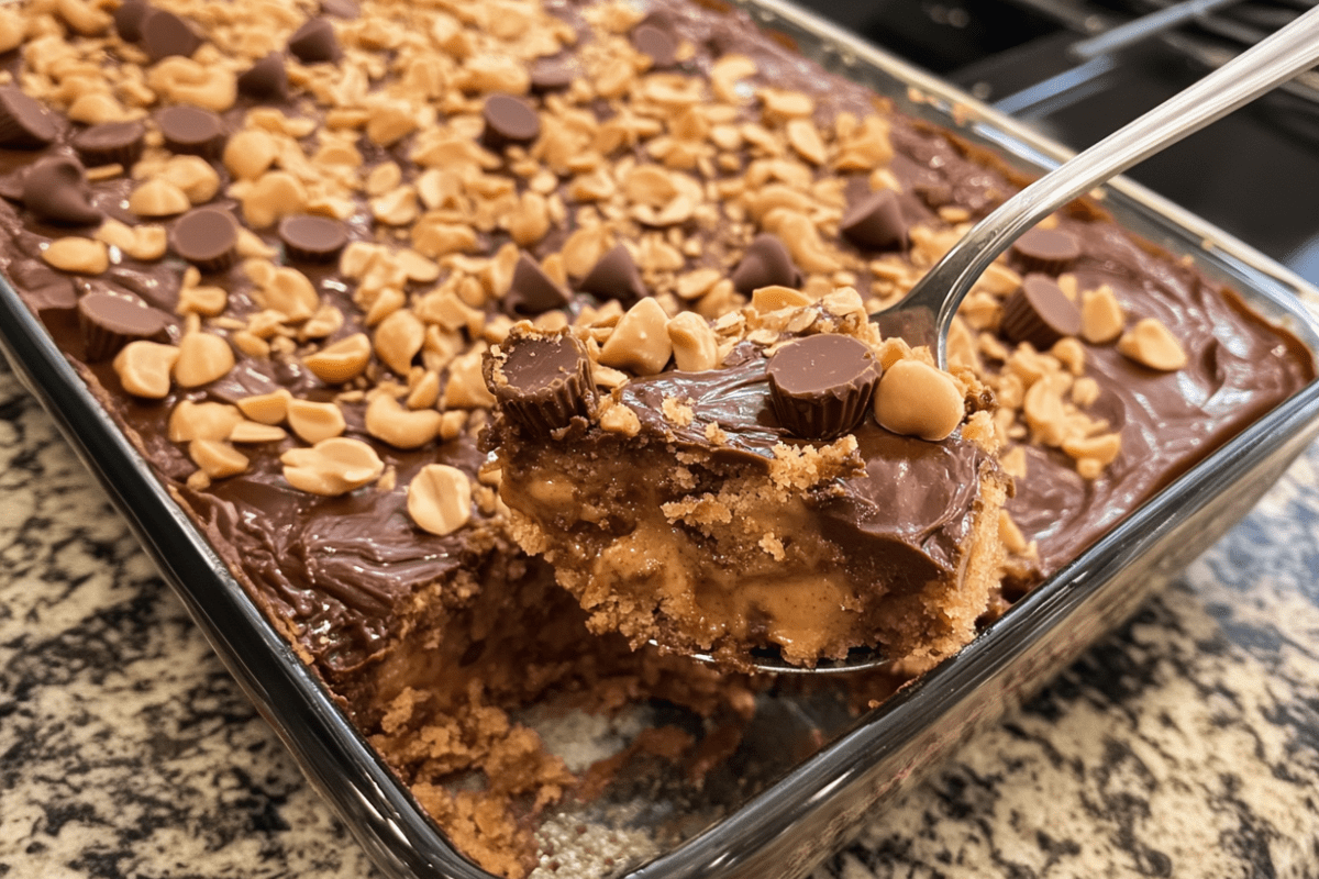 A rich and gooey Peanut Butter Cup Dump Cake topped with melted chocolate and chopped peanut butter cups, served in a baking dish.