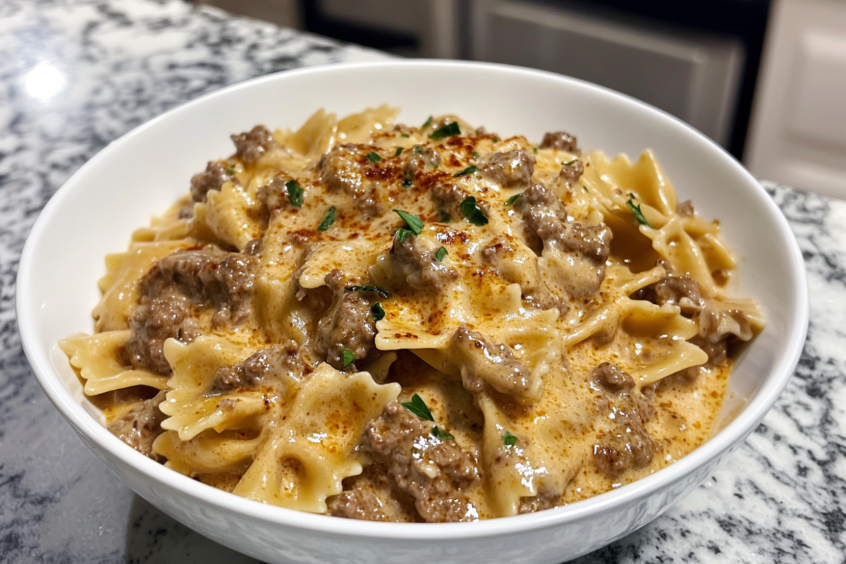 Creamy Parmesan Garlic Beef Bowtie Pasta, with tender beef, a creamy sauce, and perfectly cooked bowtie pasta garnished with parsley.