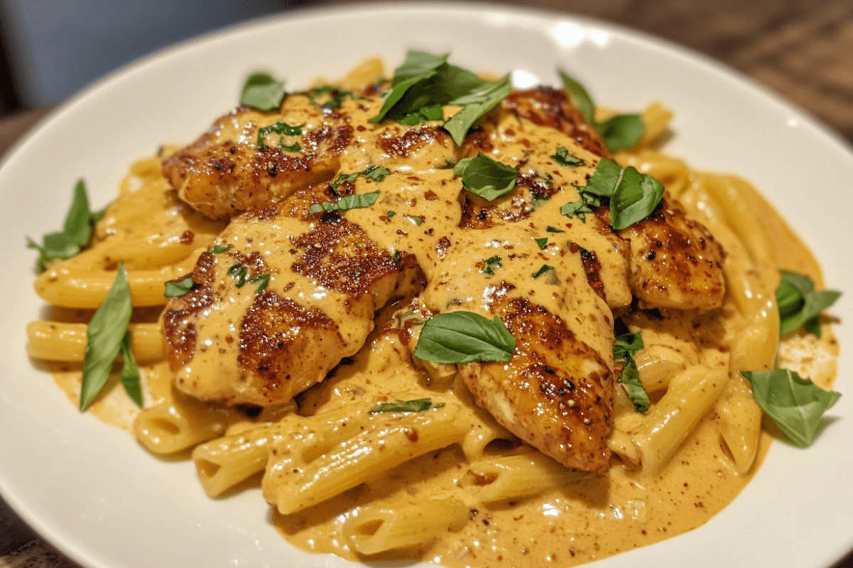 A plate of Marry Me Chicken Pasta, featuring tender chicken in a creamy sauce, served with pasta and garnished with fresh herbs.