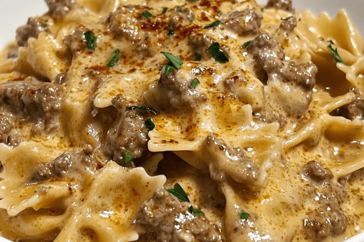 Creamy Parmesan Garlic Beef Bowtie Pasta