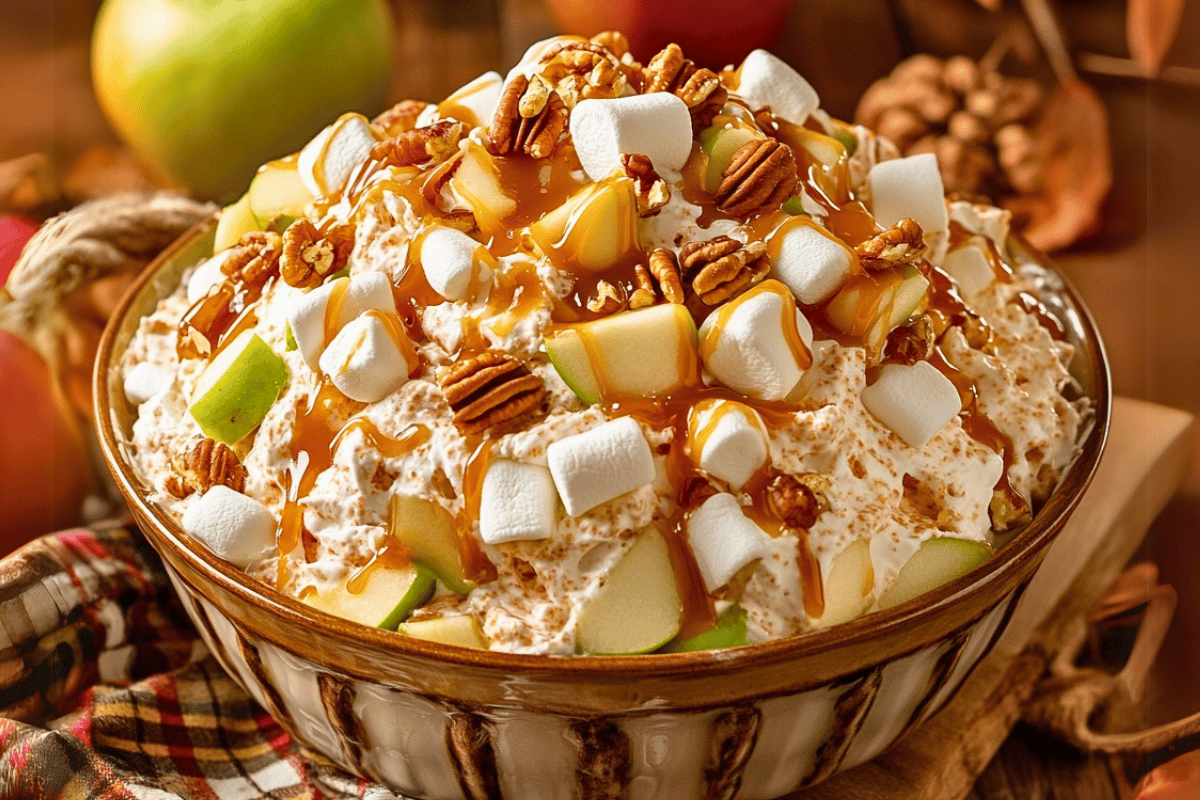 Bowl of Caramel Apple Fluff with chopped apples, marshmallows, and caramel drizzle in a glass serving dish