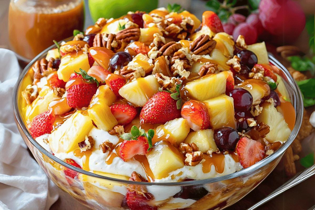 Bowl of caramel crunch cheesecake fruit salad with whipped topping, strawberries, apples, and caramel drizzle