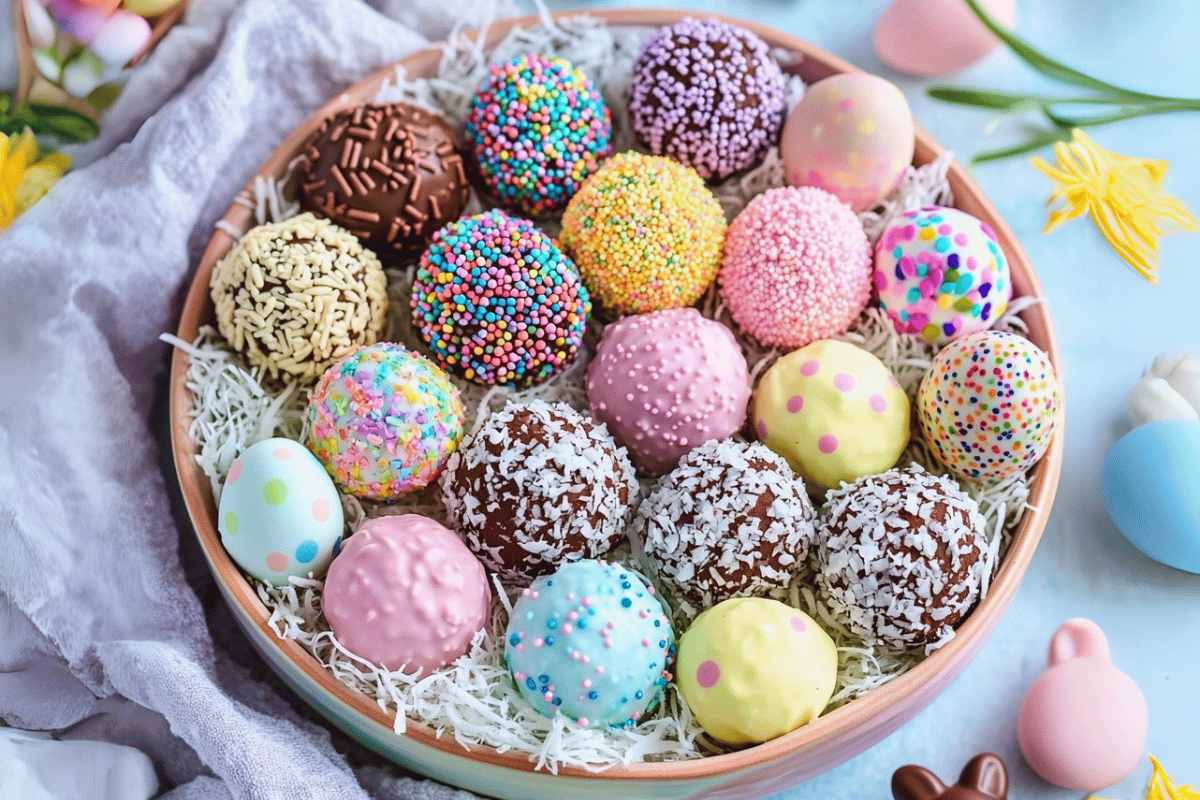 Chocolate coconut Easter truffles rolled in coconut and topped with pastel sprinkles