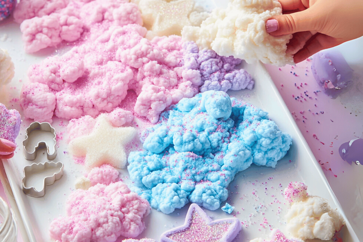 Colourful homemade cloud dough with glitter and beads, perfect for sensory play.