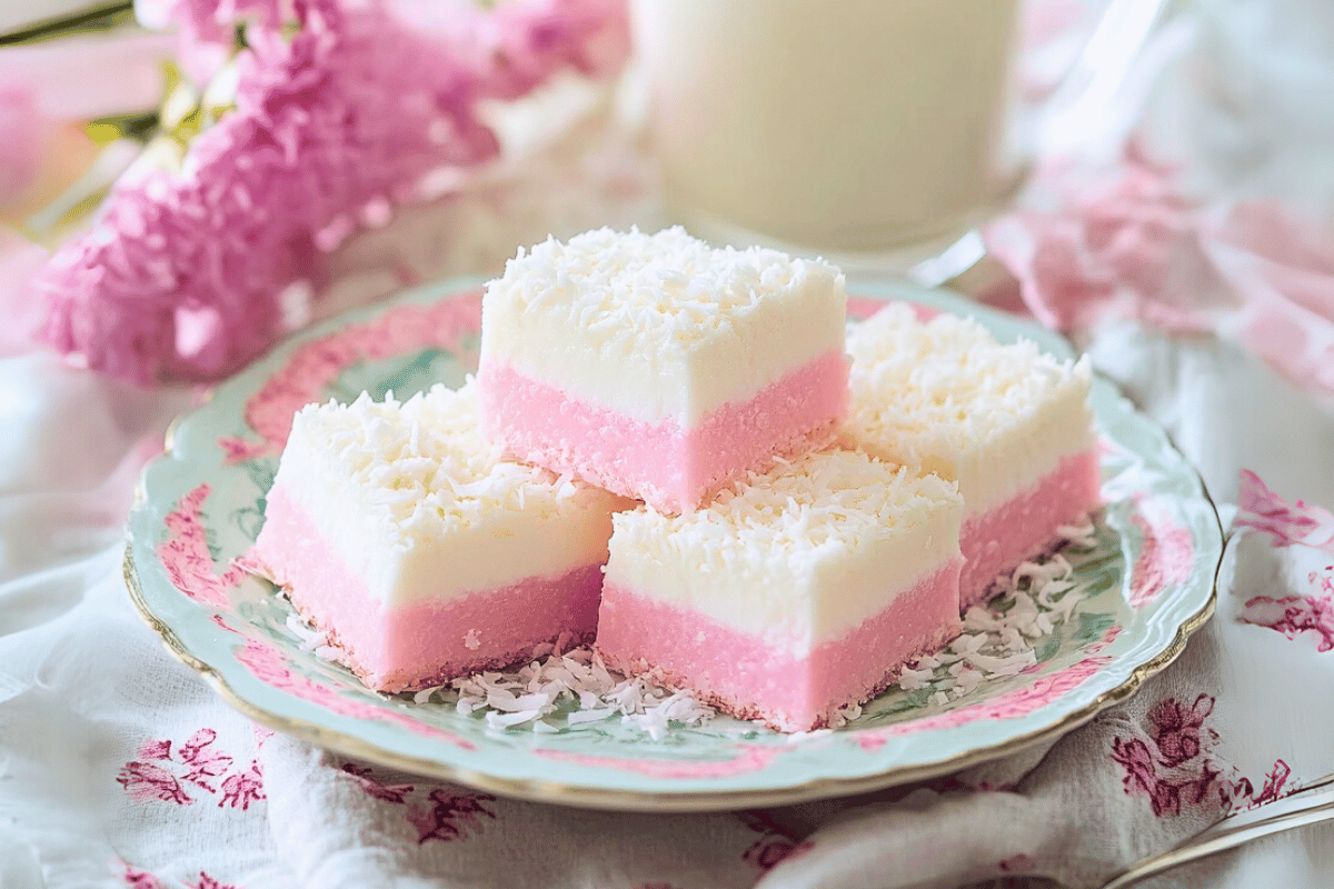 Slices of pink and white coconut ice stacked on a plate, a classic Australian no-bake treat.