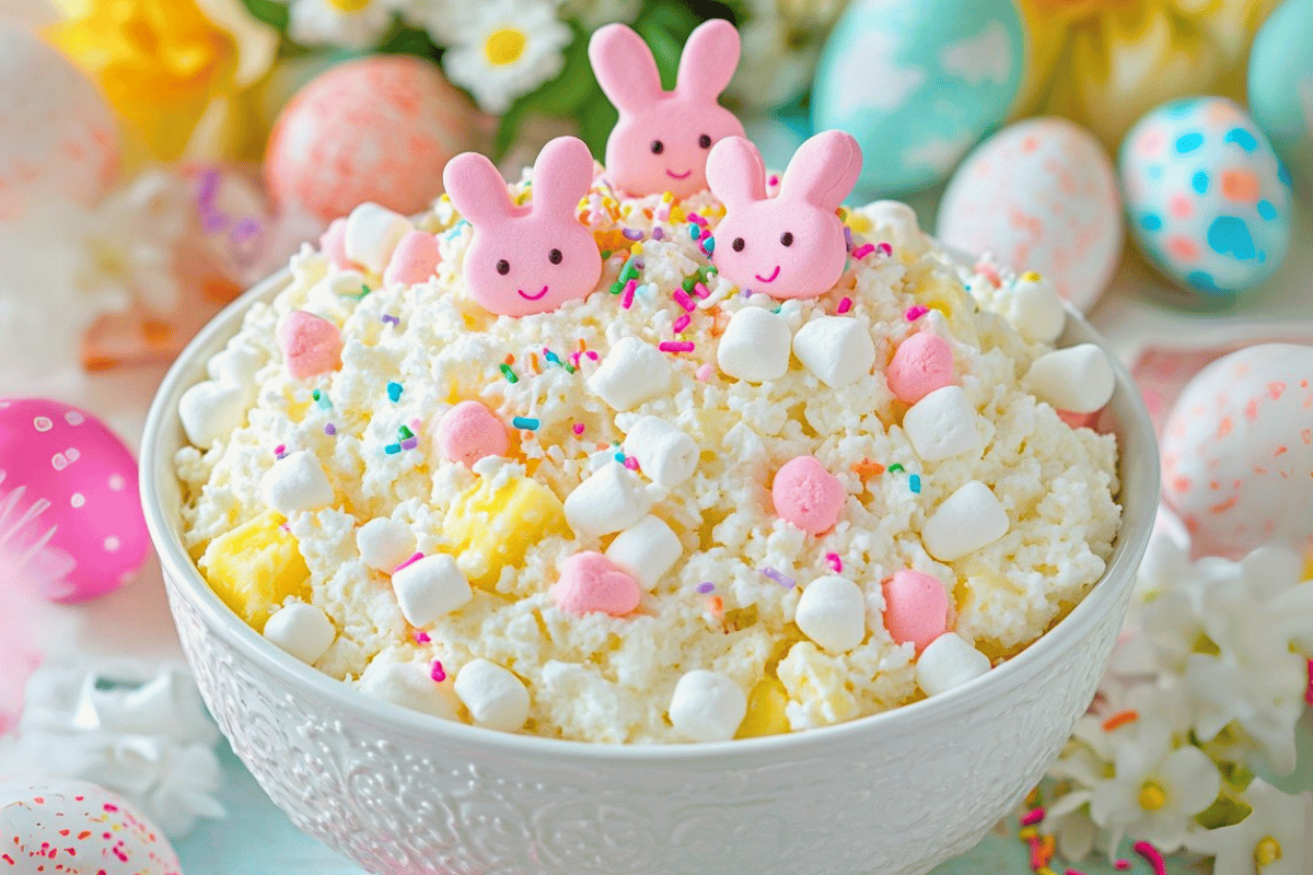 Bowl of Easter Bunny Fluff with pastel marshmallows, pineapple, mini eggs, and festive sprinkles.