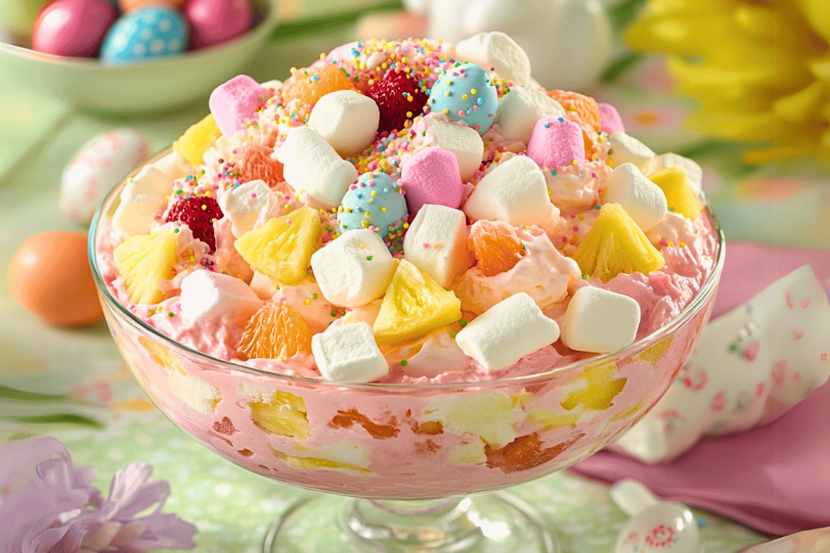 Colourful bowl of Easter Cheesecake Fruit Fluff with strawberries, pineapple, marshmallows, and pastel sprinkles