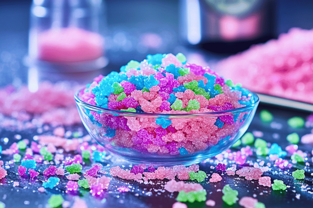 Colourful homemade Pop Rocks candy in pink and blue, broken into shards on parchment paper.