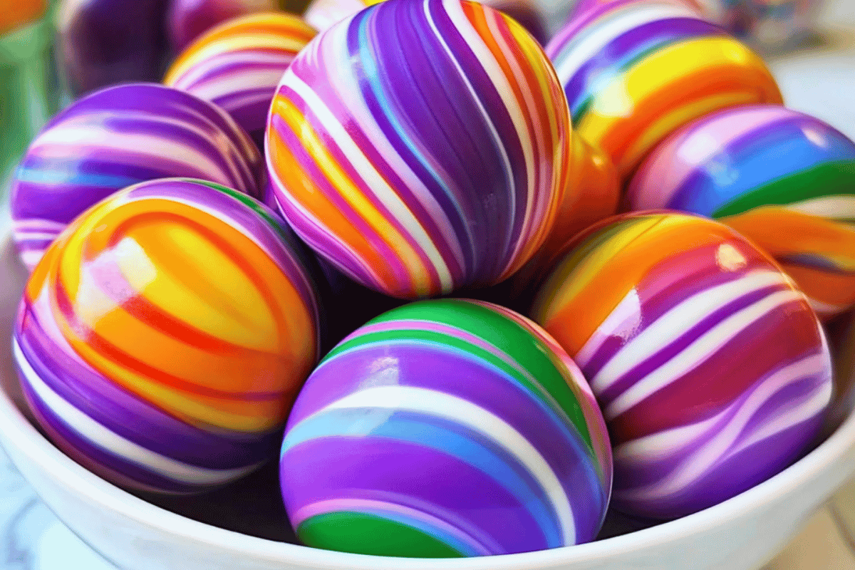 DIY Homemade Rainbow Bouncy Balls made with glue, borax, and food colouring, arranged on a colourful surface.