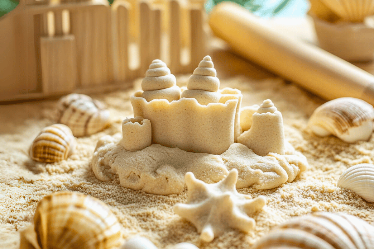 Homemade Sand Play Dough in earthy tones with shells and moulds, perfect for sensory play.